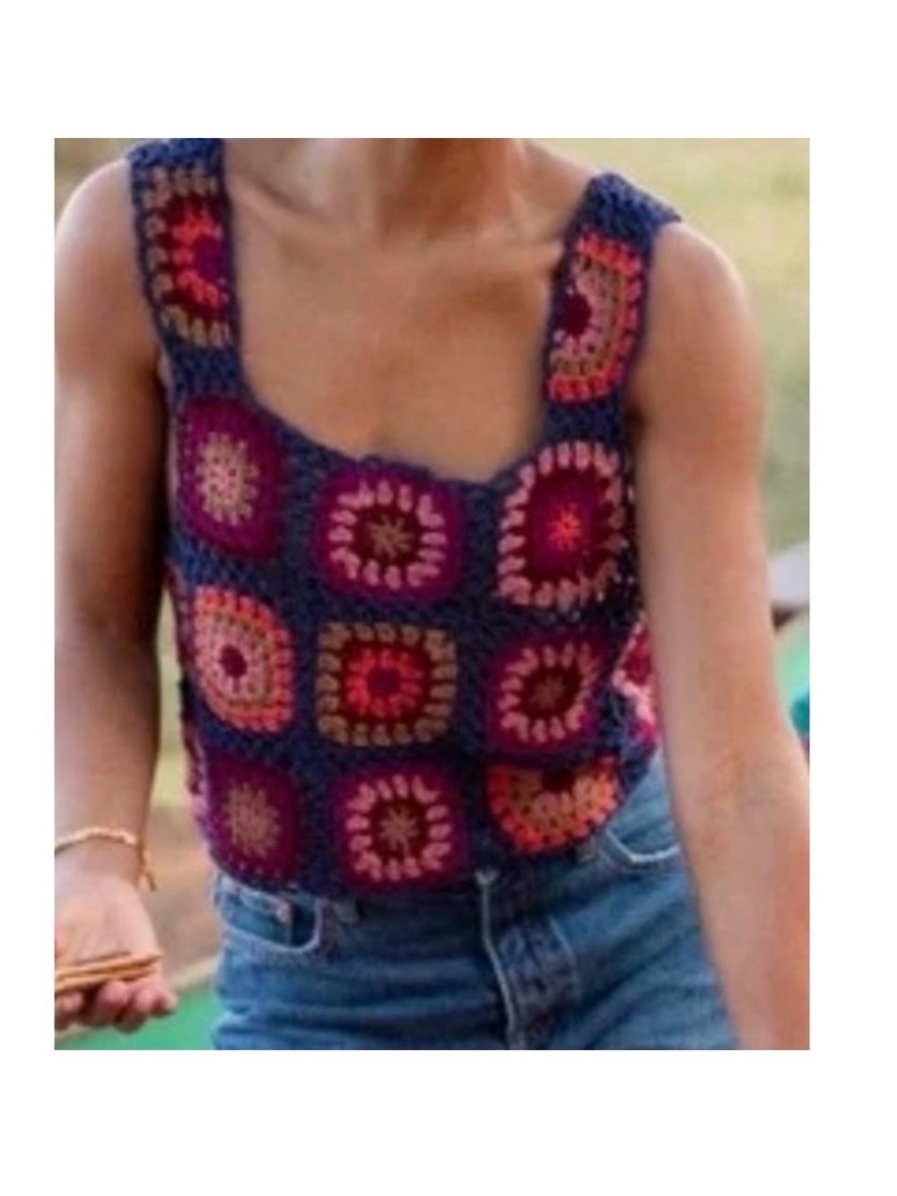 NATURAL LIFE Crochet Square Tank Top in Navy, Pink and Orange
